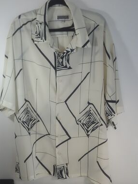 Mench Men's Cream And Black XXL Short-Sleeve Button-Down Shirt Geometric Print